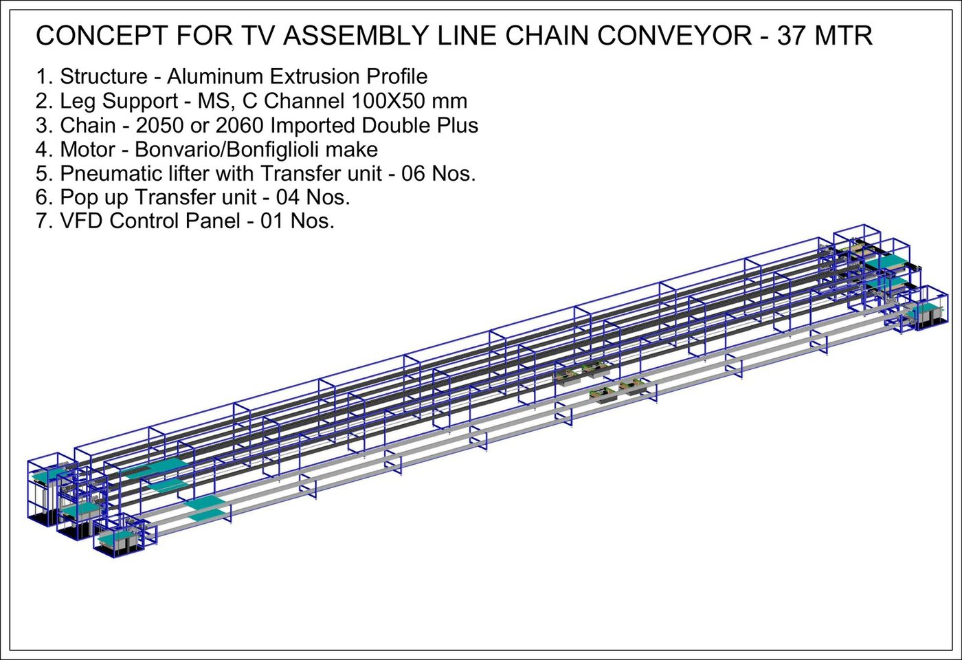 3D concept of a 37-metre TV assembly line chain conveyor, designed by Wellman Elevator, Noida