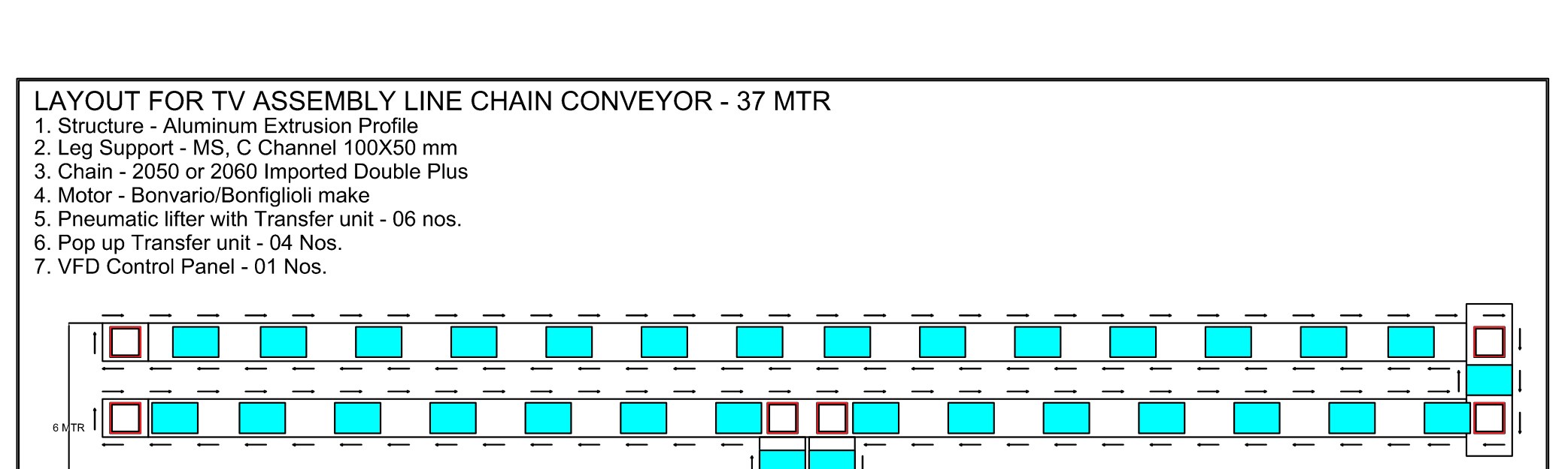 Plan layout of the 37-metre TV assembly line chain conveyor showing station flow, by Wellman Elevator, Noida