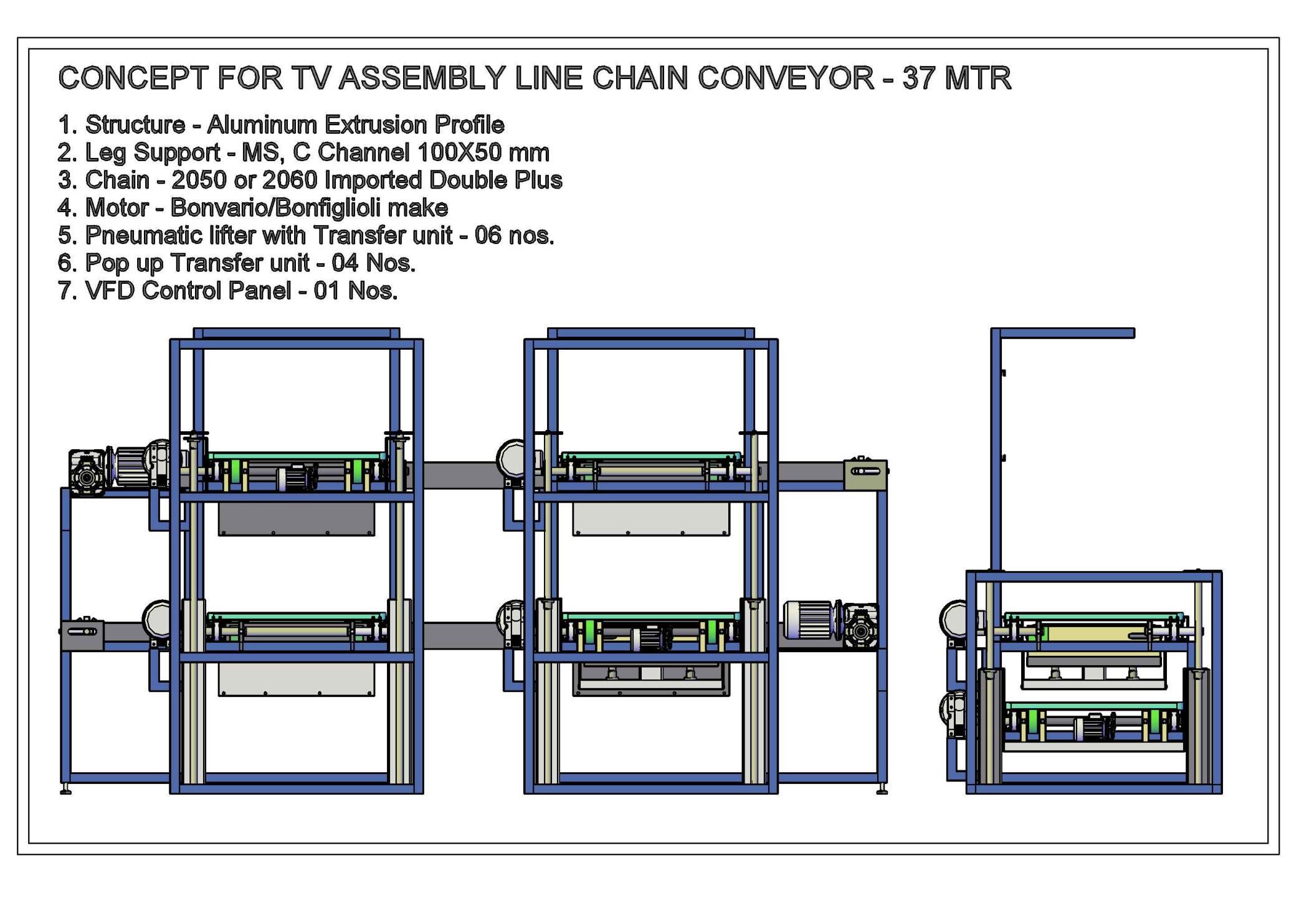 Side elevation of the 37-metre TV assembly line chain conveyor, with pneumatic lifters and transfer units, by Wellman Elevator, Noida